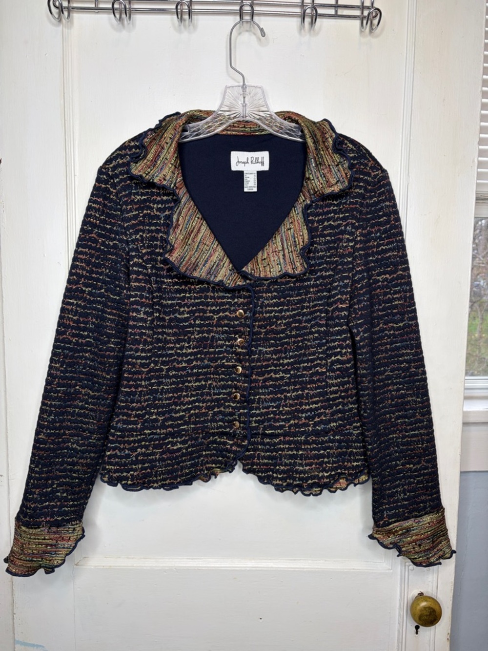 Joseph Ribkoff Multicolor Jacket Artsy Ruffle Trim Snap Front Size 14